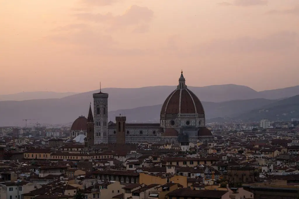 Florence cityscape with Duomo and Giotto's Bell Tower at sunset