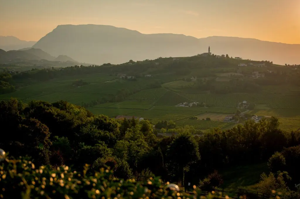 wijngaarden en dorp met klokkentoren bij zonsondergang in Veneto