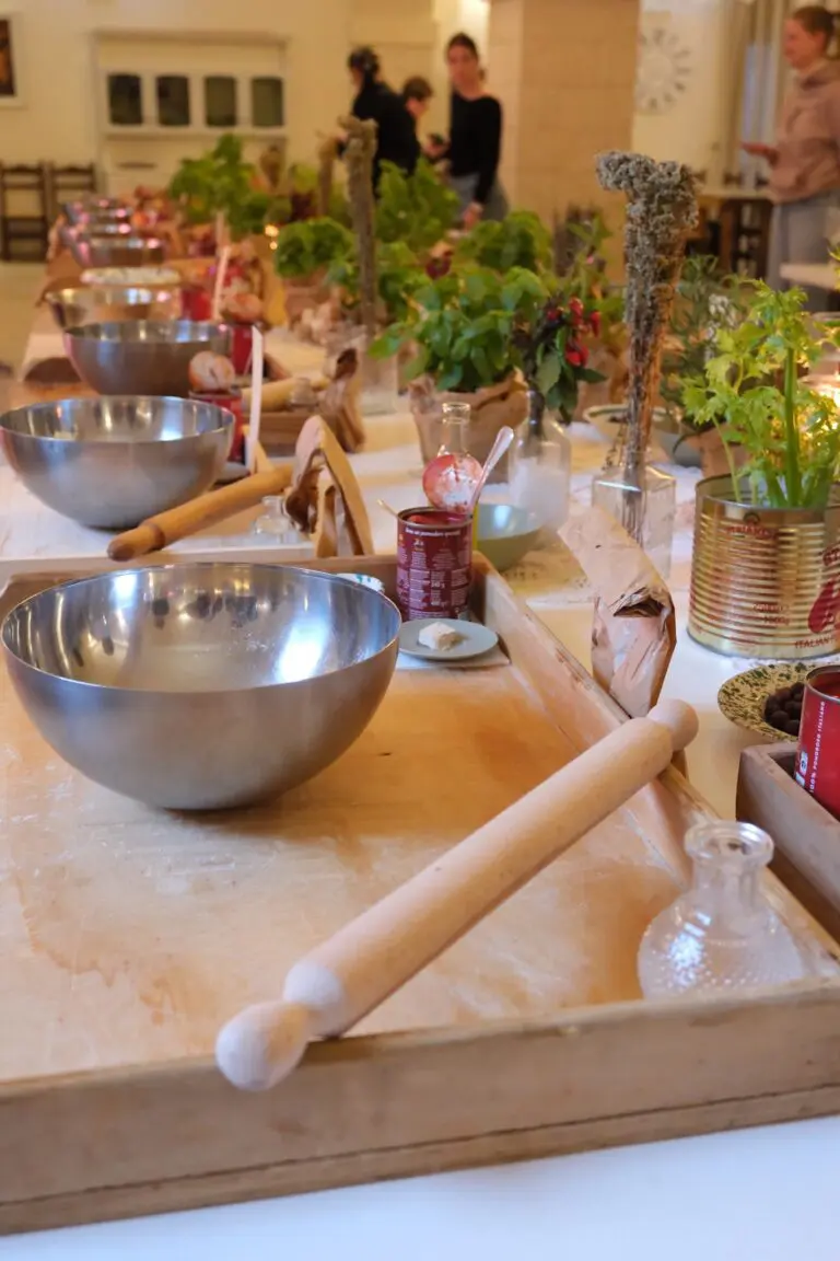 cooking class table with bowls and rolling pins