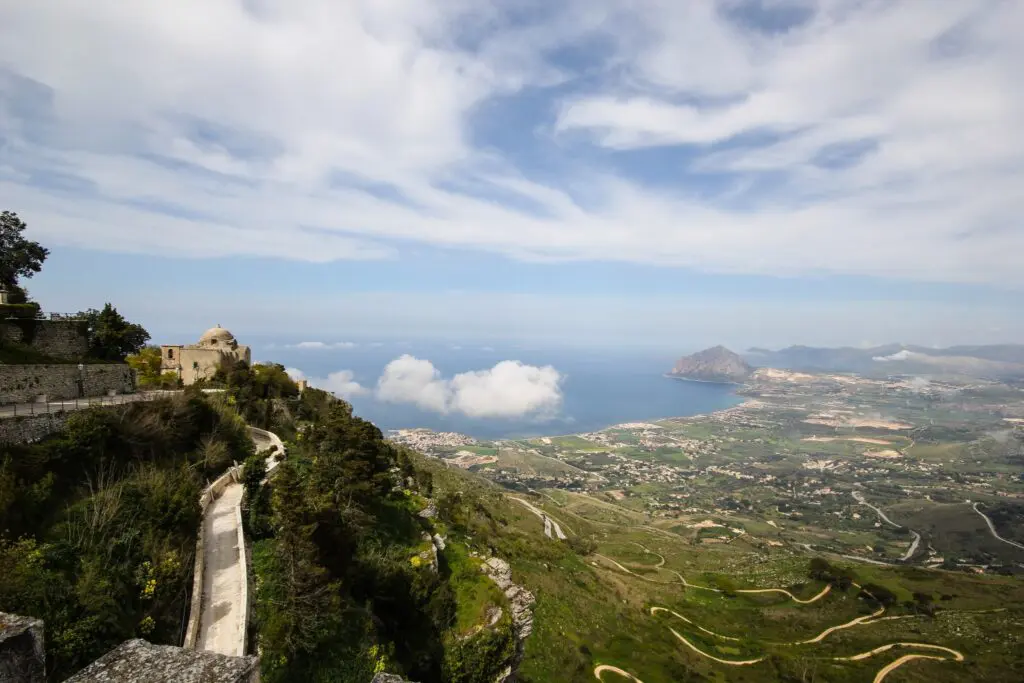 Erice hilltop town overlooking winding roads and the Sicilian coast