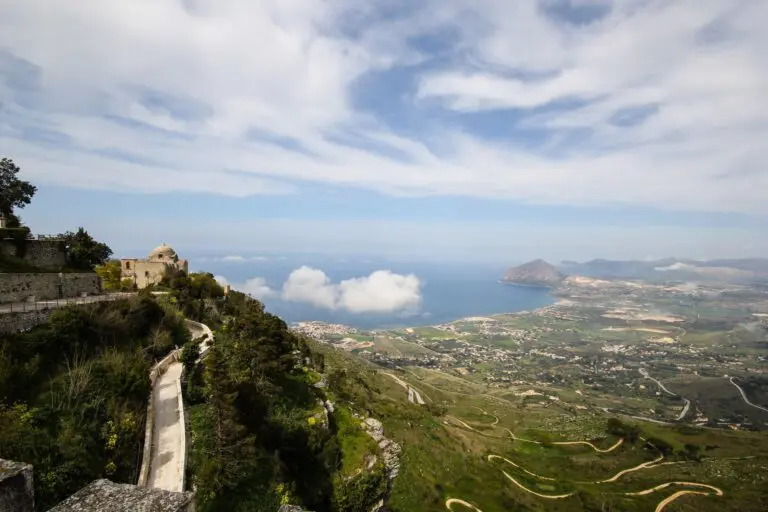 Erice hilltop town overlooking winding roads and the Sicilian coast