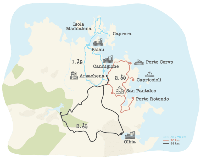 kaart voor vespa route in Sardinië in Italië