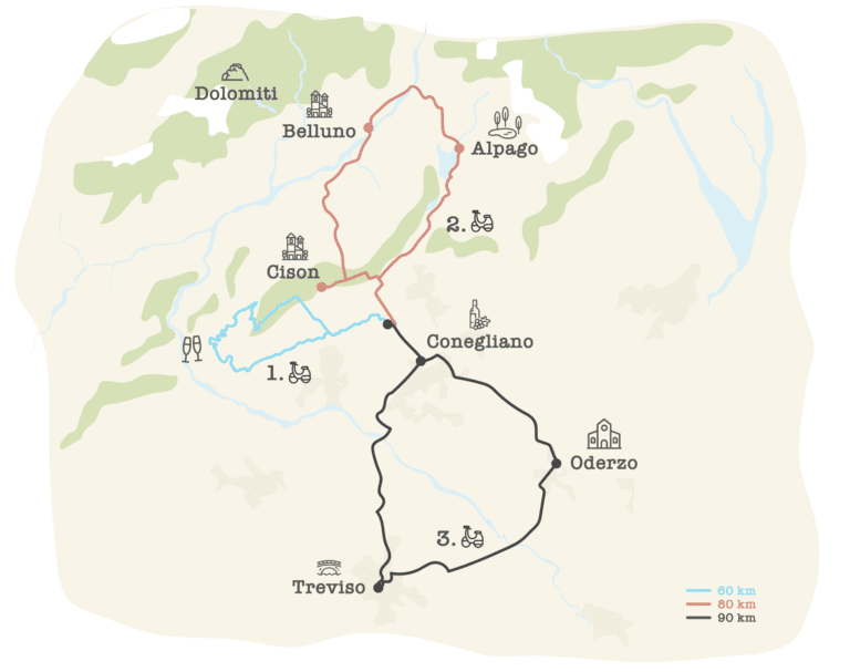 map of Veneto Italy with Belluno, Alpago and dolomites Kaart van Veneto met Belluno, Alpago en de dolomieten