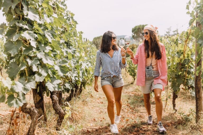 twee vrouwen die door een wijngaard lopen en met wijn proosten